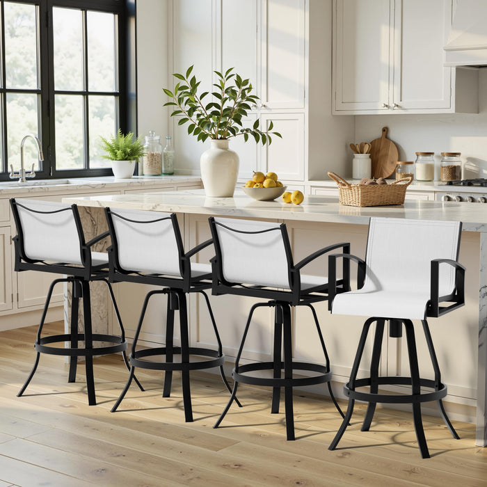 Pellebant 30" Outdoor Swivel Aluminum Bar Stools Set of 4, Sunbrella Patio Bar Height Bar Stools with Back & Footrest, Anti-Rust Patio Bar Stools for Deck Lawn Garden, White