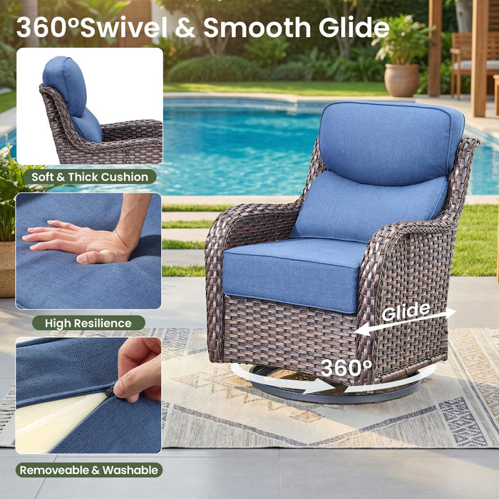 Luxury Patio Furniture Set with 6-inch Thick Cushion, Outdoor Furniture with Fire Pit Table, Swivel Chairs, Sofa, 4pcs Wicker Conversation Set for Deck Yard and Poolside(Brown Wicker | Blue Cushion)