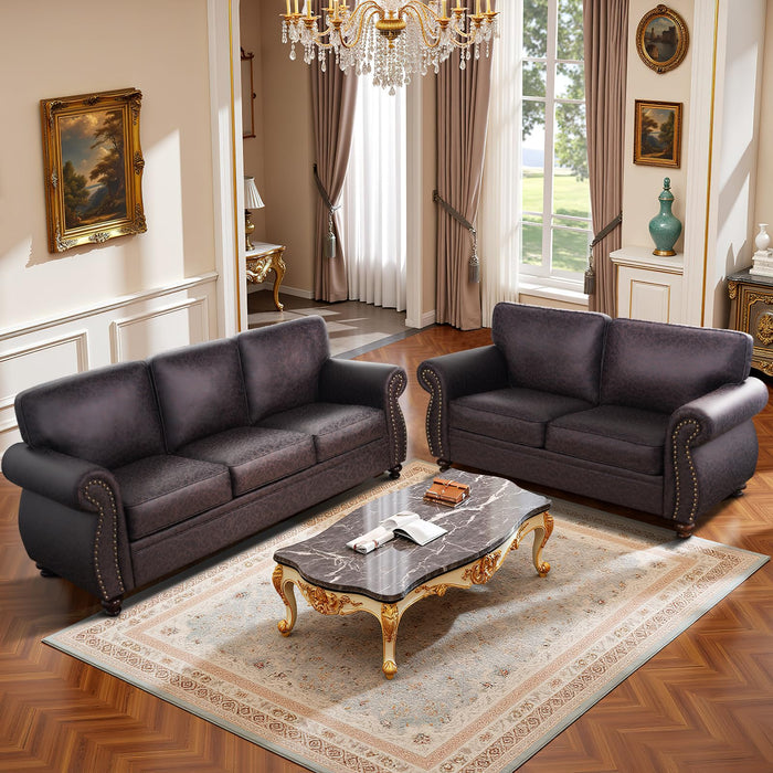 Couchus Living Room Furniture Sets,Sofa Sets and Couch Sets for Living Room,Mid-Century Vintage Sofa Couches with Rivet Design (Brown, Loveseat+3 Seater)