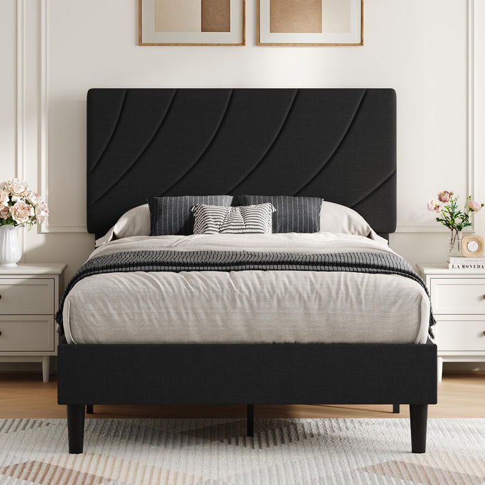 HOMBCK Twin Bed Frames, Upholstered Twin Bed Frame with Linen Fabric Headboard, Bed Frame Twin for Kids, Strong Wood Slat Support, No Box Spring Needed, Noise-Free, Easy Assembly, Black