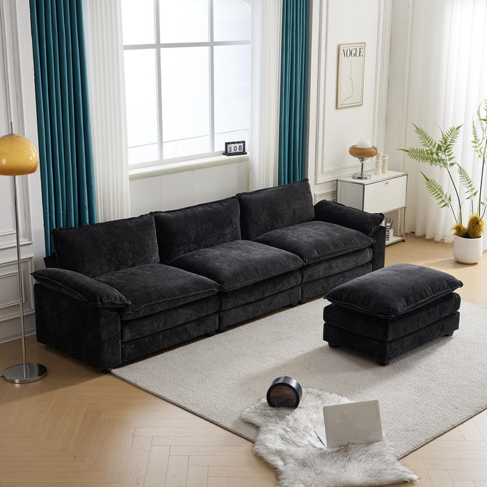 Karl home Sectional Sofa Modular Deep Seat Sofa Couch with Ottoman, Chenille Sofa Sleeper Comfy Upholstered Furniture for Living Room, Apartment, Studio, Office, (3-Seat & 1-Ottoman, Black)