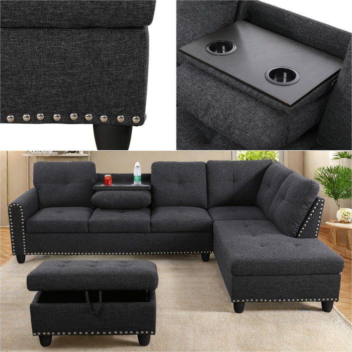 ChicFurnit L Shaped Sectional Couches, Modular Sectional Sofa with Ottoman Storage, Nail-Head Design Lounge Sofa with Reversible Cup Holder for Living Room, Bedroom, Gray