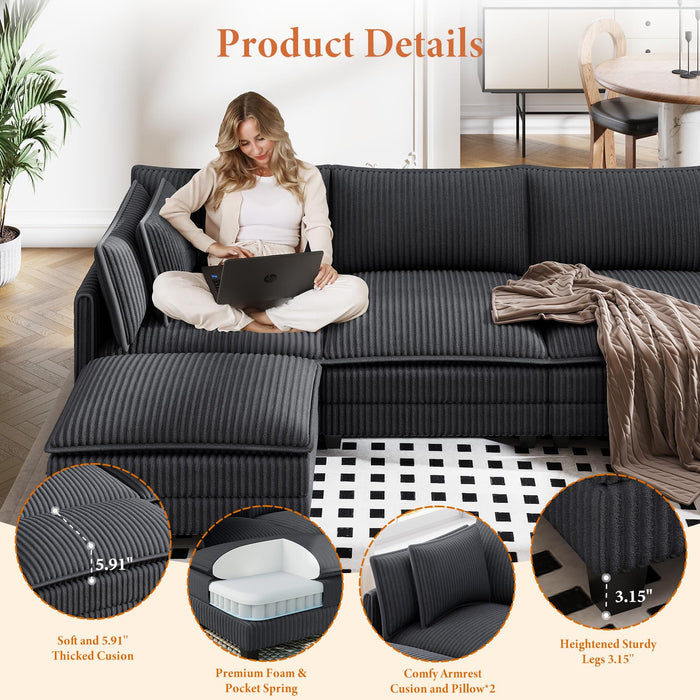 Vesgantti 109" U Shaped Cloud Sectional Sofa, Comfy Corduroy Upholstered Sectional Modular Sofas for Living Room, Modern Modular Couch with 2 Ottoman Deep Seat, Dark Grey