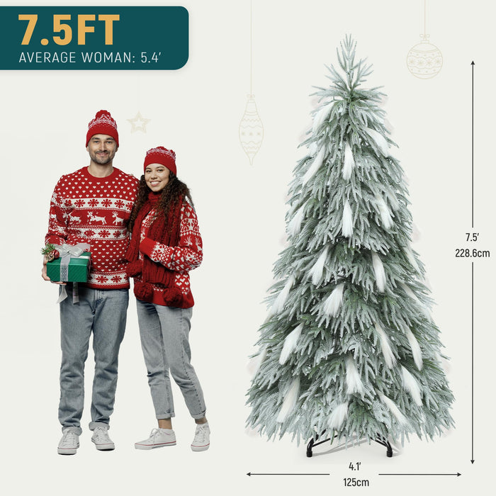 YITAHOME Pre-Lit Flocked Natural Drooping Pampas Christmas Tree, 7.5ft Snow Flocked Artificial Christmas Tree with 558 PE Branch Tips, 40 Feathers and 600 Lights for Home, Office, Party Decoration