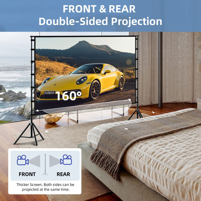 TOWOND Projector Screen and Stand, 150 inch Indoor Outdoor Projection Screen, Portable 16:9 4K HD Rear Front Movie Screen with Carry Bag Wrinkle-Free Design for Home Theater Backyard Cinema