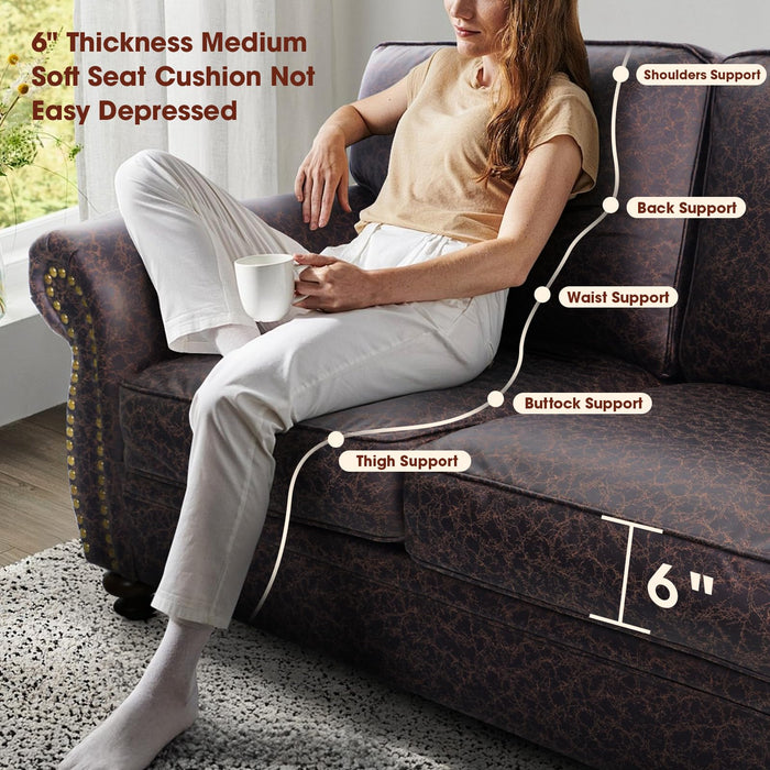 Couchus Mid-Century Vintage Sofa Couches with Rivet Design,loveseat Sofa,Removable Sofa Cover Upholstered Cushions and Solid Wood Frame (Brown, 3-Seater)