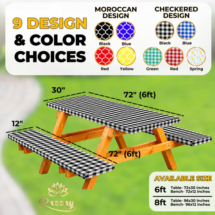 RNOONY Vinyl Fitted Picnic Table Cover with Bench Covers and Bag, 6ft Outdoor Waterproof Windproof Tablecloth with Elastic Edges. Camping RV Gear Campers Must Have 72x30 Inches 4 Pcs Set (Black)