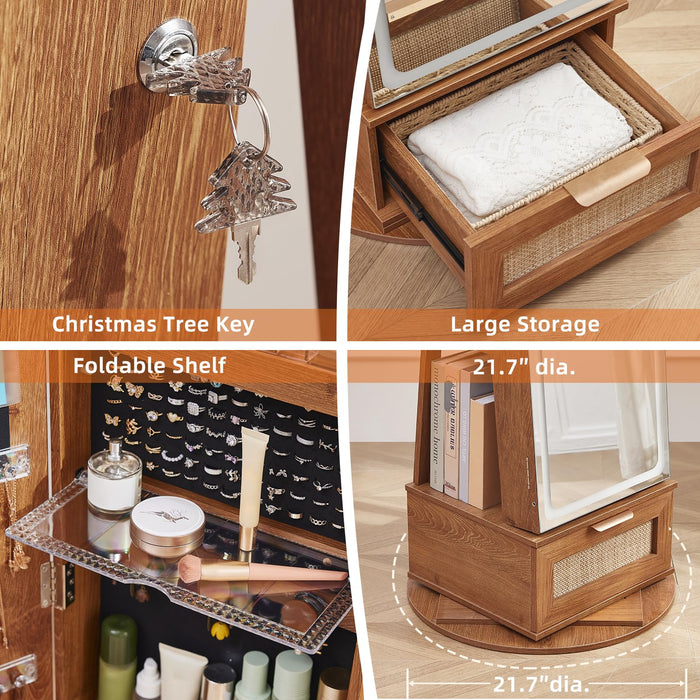 Joaxswe Rattan 360° Swivel Jewelry Armoire Standing with Full Length Mirror