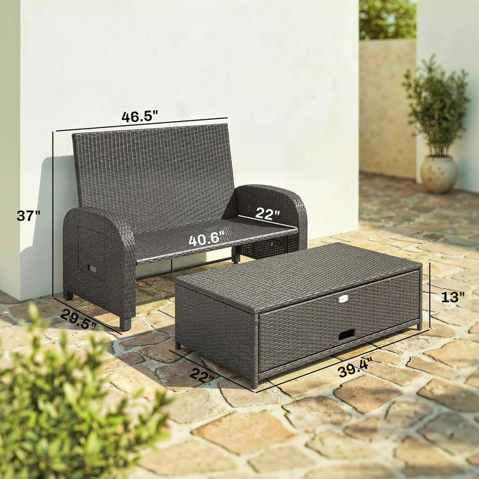 Outsunny Patio Rattan Daybed, Wicker Outdoor Daybed with Storage Ottoman, Loveseat Sofa with Adjustable Backrest, Side Tables, Cushions, Headrests, Double Sunbed Lounger for Balcony, Beige