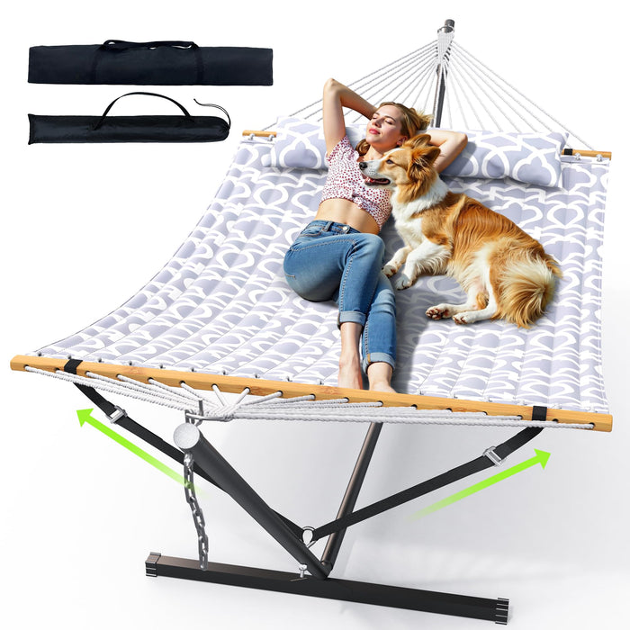 ANAGOO Double Hammock with Stand for Outdoor, Heavy Duty Portable Hammock with Adjustable Steel Stand for Patio, Garden, Beach, Backyard - Includes Carrying Bag,White Grey