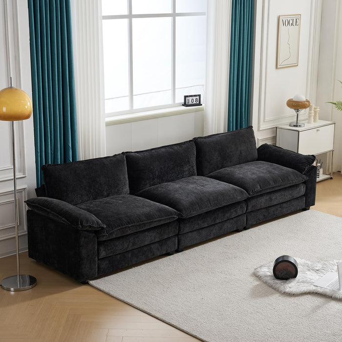 Karl home Sectional Sofa Modular Deep Seat Sofa Couch with Ottoman, Chenille Sofa Sleeper Comfy Upholstered Furniture for Living Room, Apartment, Studio, Office, (3-Seat & 1-Ottoman, Black)