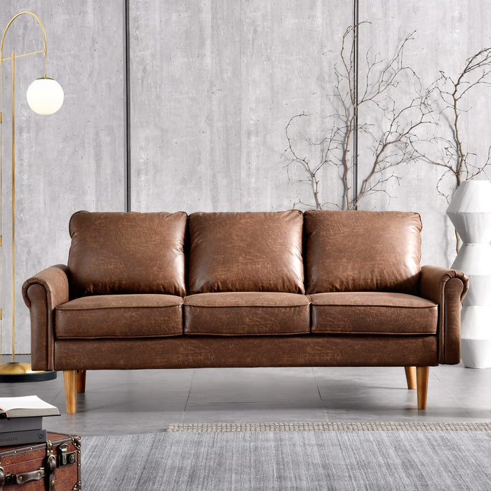 ovios 73.6" Sofa Couch, Mid Century Modern Sofas Couches with Comfy Cushions, 3-Seater Faux Leather Deep Seat Small Sofa for Living Room Bedroom Office, Dark Brown