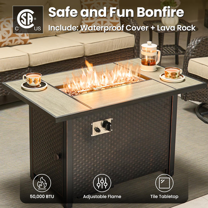 ovios 5-Piece Patio Furniture Set with Swivel Chairs Coffee Table, Outdoor Wicker Sofa with 42" Fire Pit Table, High Back Couch Modern Conversation Sets, Brown/Beige