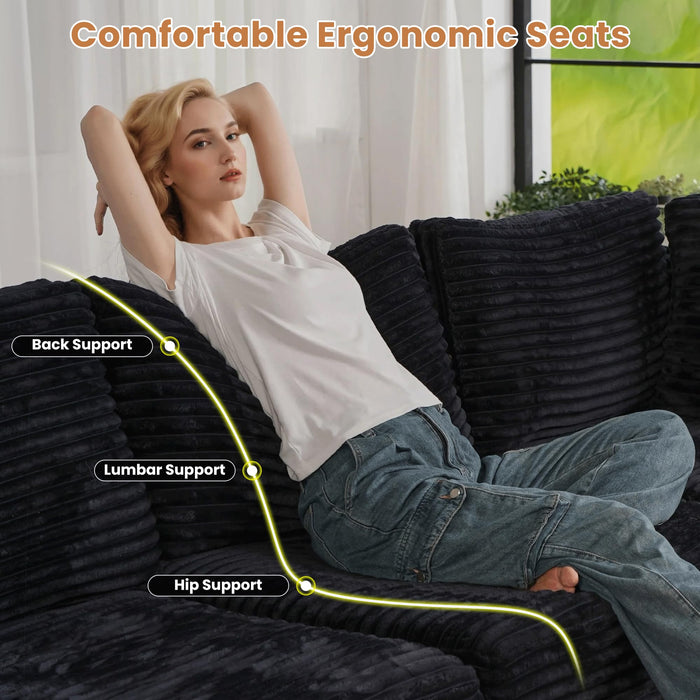 ovios Modular Sectional Sofa Couch with Sofa Bed L-Shape Chaise, Comfy Plush Corduroy Cloud Couches, Modern Deep Seat Sofas Set for Living Room, 8-Seater, Black