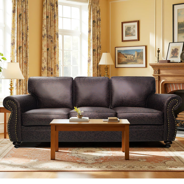 Couchus Mid-Century Vintage Sofa Couches with Rivet Design,loveseat Sofa,Removable Sofa Cover Upholstered Cushions and Solid Wood Frame (Brown, 3-Seater)