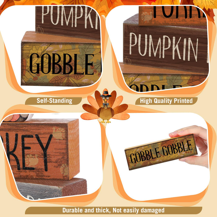 Lineshading 4 Pcs Thanksgiving Table Decoration, Turkey Wooden Block Signs
