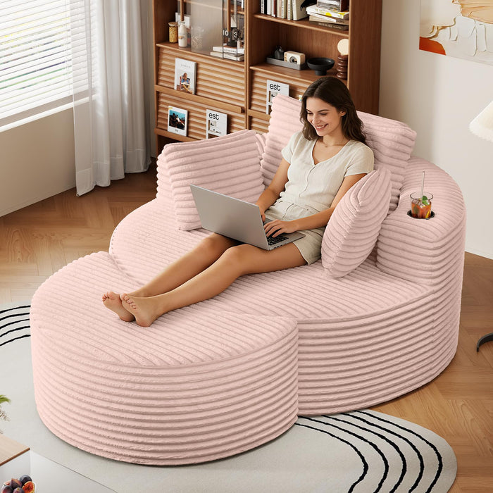 Oversized Round Chaise Longue Chair with Ottoman, Modern Corduroy Deep Seat Circle Single Cloud Boneless Floor Accent Chair w/Cup Holders for Living Room, Bedroom Apartment, 55" W * 74.6" D, Pink