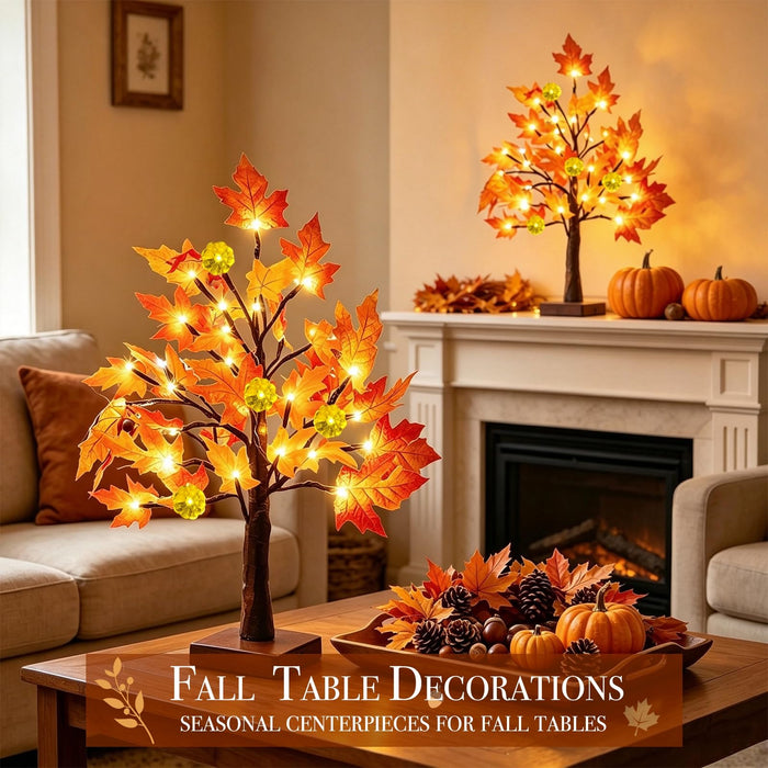 TURNMEON Thanksgiving Decor 2 Pack 18 Inch Prelit Fall Maple Tree 48 LEDs