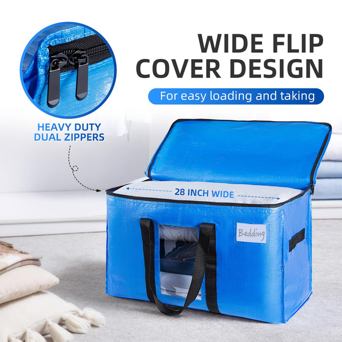 TAILI Extra Large Moving Bags, 4 Pack Blue Heavy Duty Totes For Storage with Visible Window, Wrap Around Handles, Storage Bags for Space Saving, Alternative to Moving Boxes