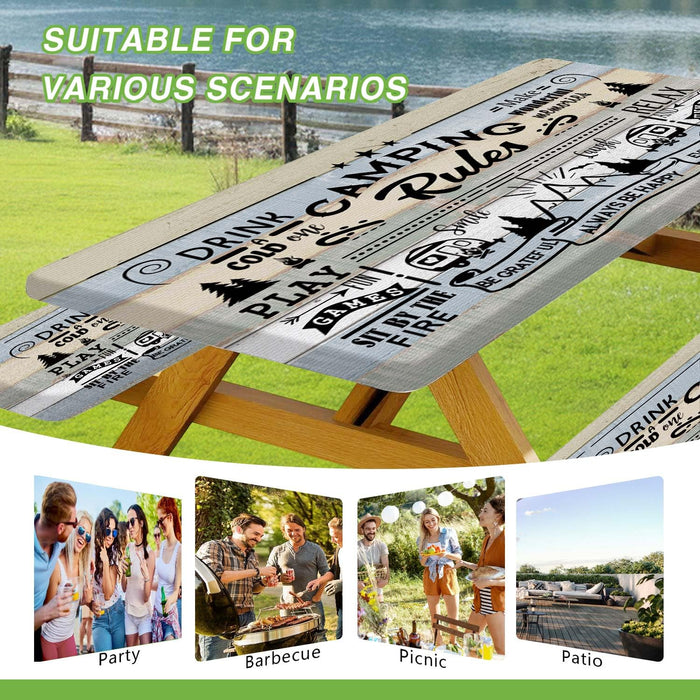 JAWO Picnic Table Cover with Bench Covers, Camping Rules Camper RV Essentials Gear Supplies Outdoor Waterproof Windproof Tablecloth with Elastic, 72in
