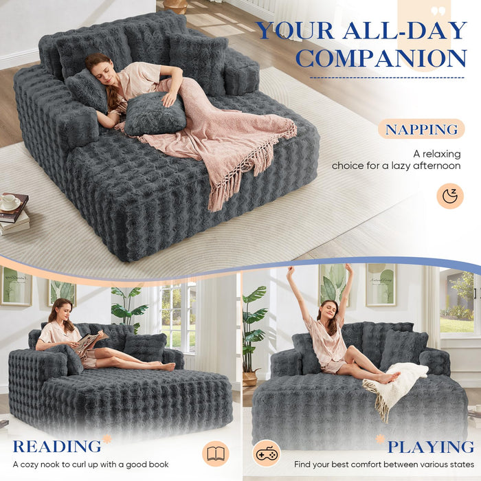 Antetek Oversized Chaise Lounge Indoor, Modern Comfy Bubble Faux Fur Fabric Deep Seat Boneless Sleeper Chaise Lounge Sofa Chair with Pillows for Living Room Bedroom Studio, No Assembly Couch, Grey