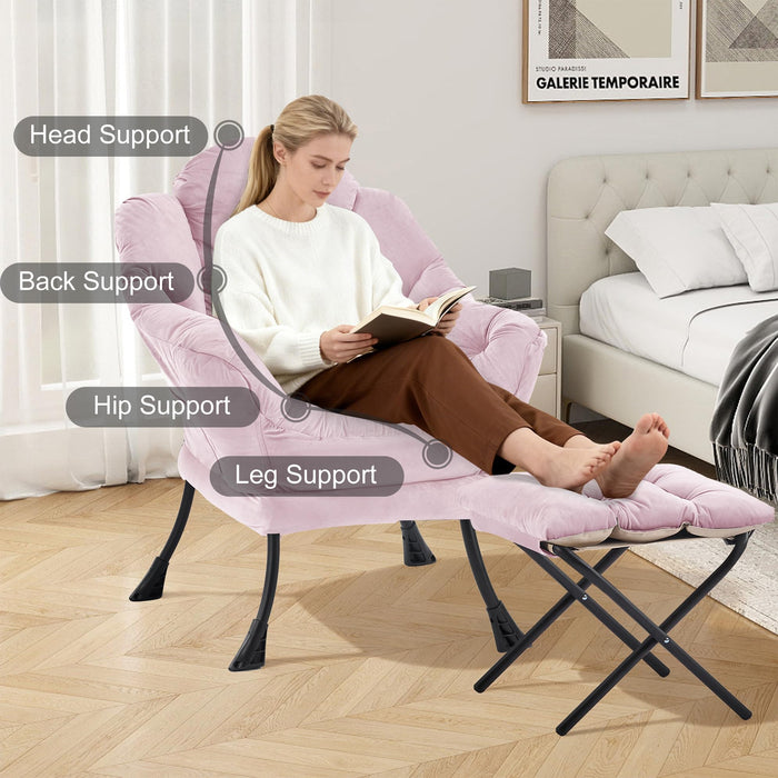 Zedachica Lazy Chair with Ottoman, Lounge Reading Chair for Adults, Modern Upholstered Accent Armchair with Foot Stool, Leisure Living Room Chair with Side Pocket for Dorm, Bedroom, Pink
