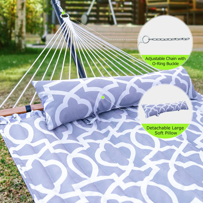 ANAGOO Double Hammock with Stand for Outdoor, Heavy Duty Portable Hammock with Adjustable Steel Stand for Patio, Garden, Beach, Backyard - Includes Carrying Bag,White Grey