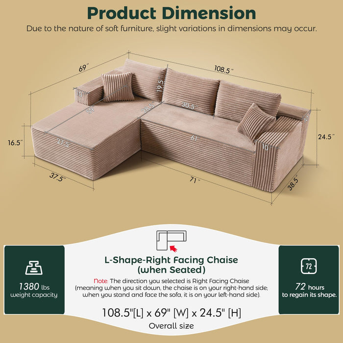 PLIXSET 108" Camel L-Shaped Sectional Couch for Living Room, Modular Corduroy Sofa with Right Facing Chaise, Boneless Deep Seat Design, No Assembly