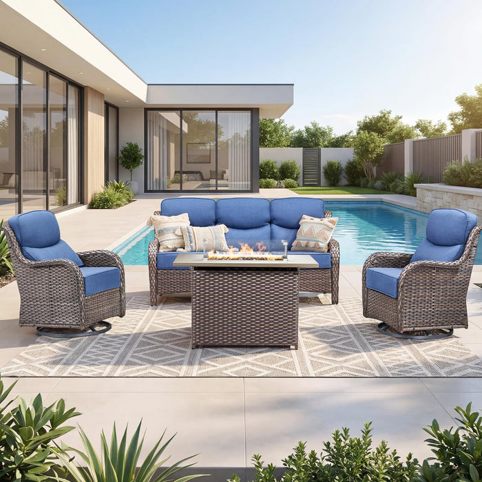 Luxury Patio Furniture Set with 6-inch Thick Cushion, Outdoor Furniture with Fire Pit Table, Swivel Chairs, Sofa, 4pcs Wicker Conversation Set for Deck Yard and Poolside(Brown Wicker | Blue Cushion)