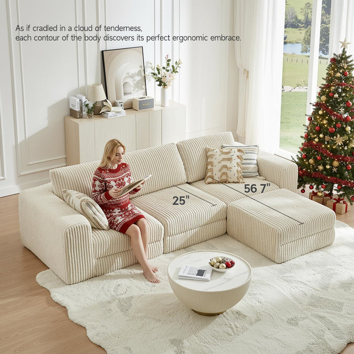 ONBRILL 110" Modular Sectional Sofa,L Shaped Couch 4 Seater with Sleeper Chaise,Upholstered Corduroy Couches for Living Room,Bedroom,No Assembly,Beige