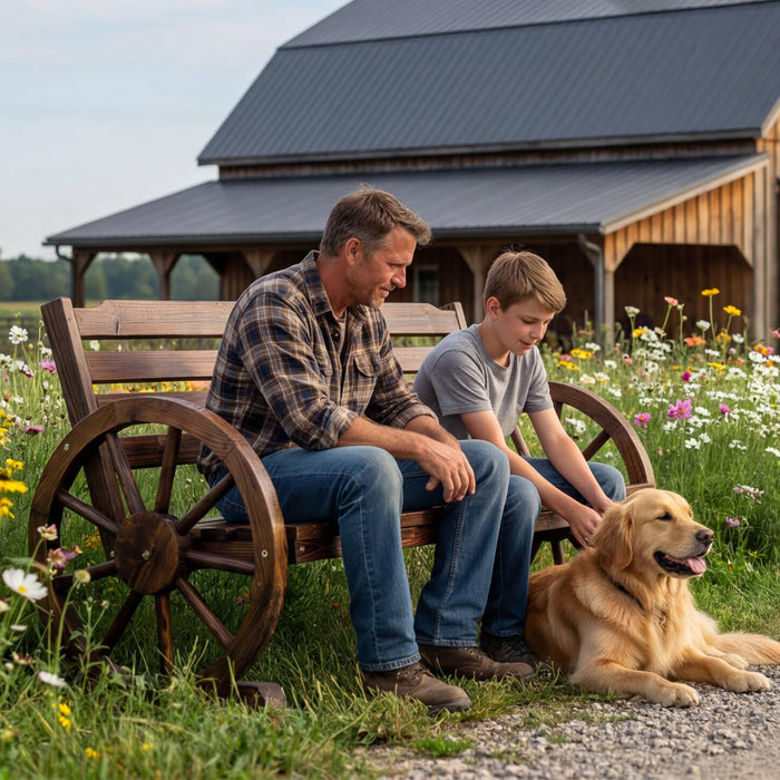 VINGLI Rustic Wooden Wheel Bench Outdoor Bench, Patio Bench Wagon Slatted Seat, Garden Benches for Outdoors 350lbs High Capacity, Weather Resistance (Rustic, 55in)