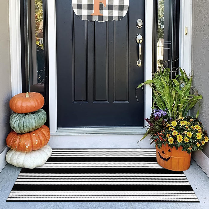 OJIA Cotton Black and White Striped Rug 2x4 Hand-Woven Indoor/Outdoor Area Rug Layered Door Mats for Front Porch/Entryway/Laundry Room/Bedroom/Outdoor