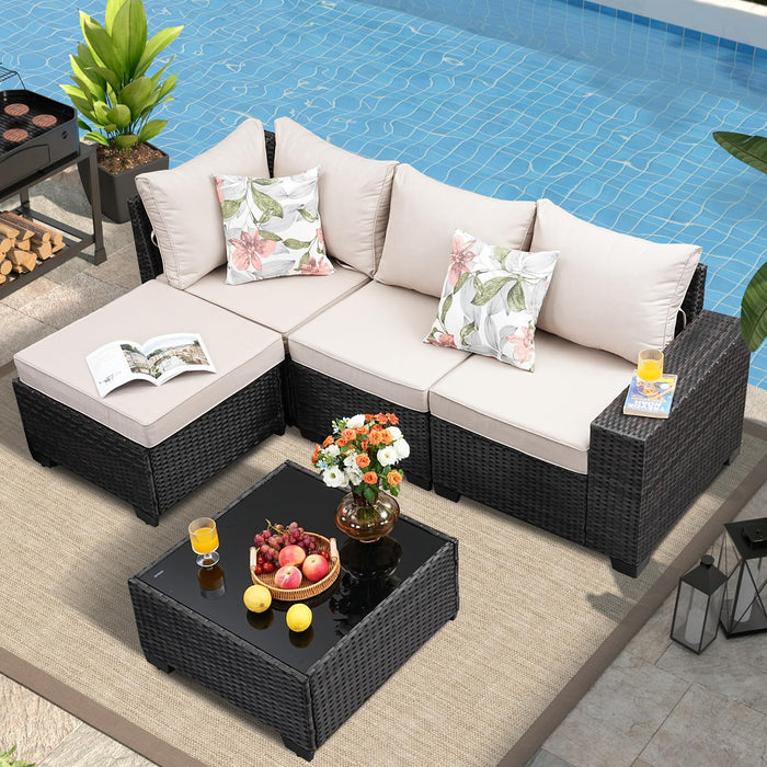 SunloungeCo 5 Pieces Outdoor Patio Furniture Set, Wicker Conversation Sets with Tea Table, Rattan Patio Sofa with Thick Cushions for Garden, Backyard, Poolside, Party, Beige