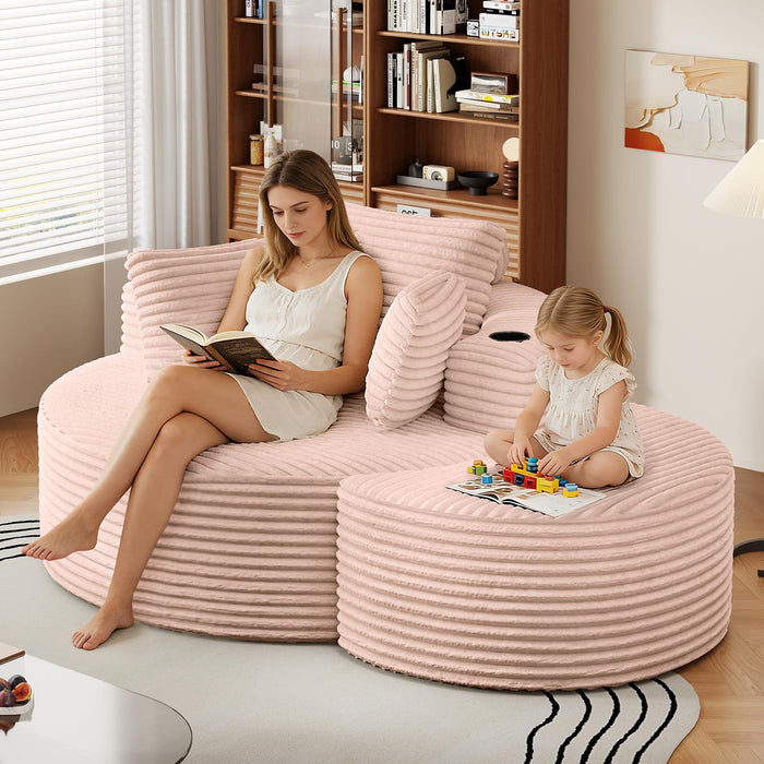 Oversized Round Chaise Longue Chair with Ottoman, Modern Corduroy Deep Seat Circle Single Cloud Boneless Floor Accent Chair w/Cup Holders for Living Room, Bedroom Apartment, 55" W * 74.6" D, Pink