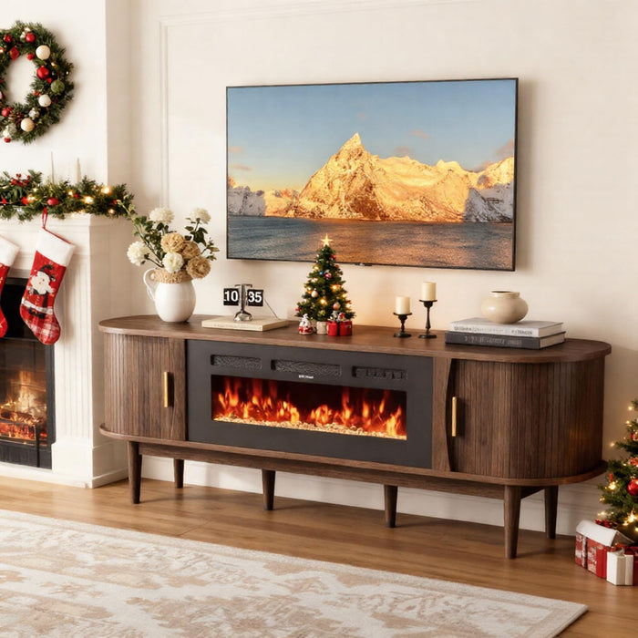 Decofy 70″ Fluted Fireplace TV Stand for 80″ TVs, Entertainment Center with Fluted Sliding Tambour Doors & Adjustable Shelves, Modern Media TV Console Table for Living Room(Walnut)