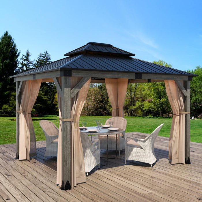 SUNBURY 10'x12' Outdoor Cedar Wood Gazebo, 2-Tier Metal Hardtop Wooden Frame Gazebo for Patio with Privacy Curtains and Mosquito Nettings for Gardens, Lawns, Backyard, Poolside (Grey Frame)