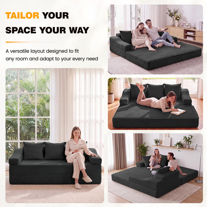 Fiona's magic 78.7" Convertible Futon Sofa Bed, Boneless Couch for Living Room 4-in-1 Corduroy Boneless Sleeper Sofa, Modular Sleeper Couch in a Box, Pull Out Couch No Assembly | Dark Gray