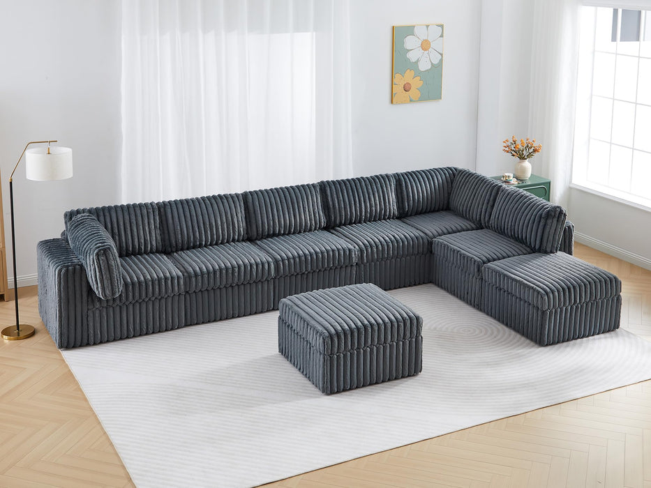 Oversized Modular Sectional Sofa Set, Plush Faux Rabbit Fur Convertible U Shaped Couch with Storage, 8 Seater Corduroy Sofa with Ottomans and Reversible Chaise for Living Room, Office (Blue Grey)