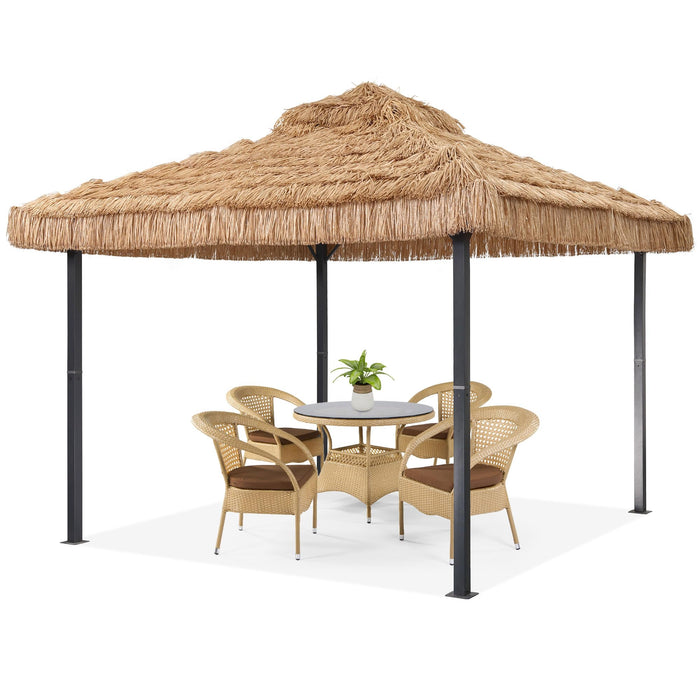 GDY 10x10 Thatched Tiki Bar Gazebo, Patio Gazebo with Straw Thatch Roofing, Hawaiian Style Canopy Tent, Suitable for Courtyards, Exhibitions, Camping, Bar, Khaki.