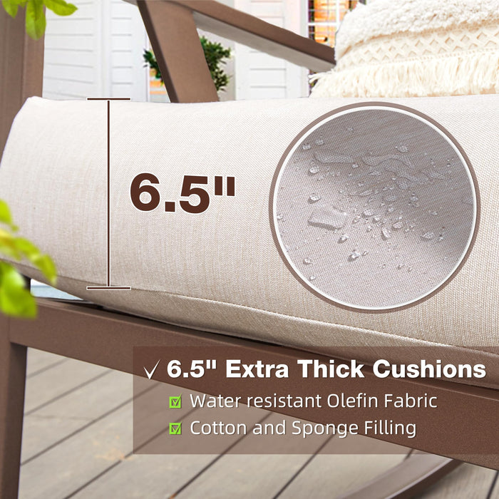 COMLAX FIELD Patio Porch Furniture Set, Outdoor Rocking Chairs Set of 2 with Coffee Table, 3 Piece Metal Outdoor Patio Bistro Conversation Set, Beige