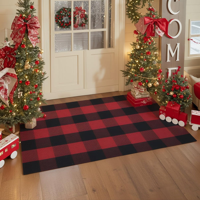 SEEKSEE Cotton Buffalo Plaid Rug 27.5"x43" Black and Red Checked Rug Washable Doormats Indoor Outdoor Rugs for Layered Front Door Mats, Porch, Kitchen, Farmhouse, Entryway