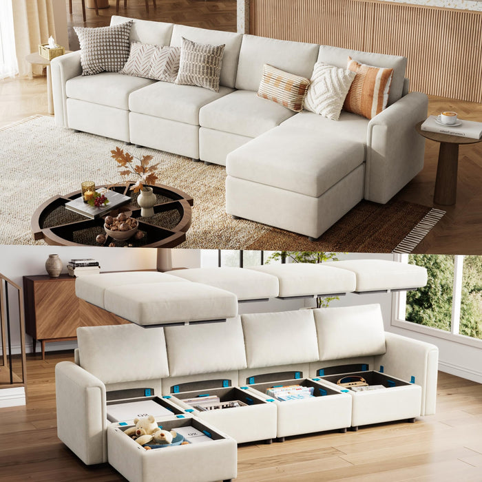 LINSY HOME Modular Sectional Sofa, Convertible L Shaped Sofa Couch with Storage, Memory Foam, Modular Sectionals with Ottomans, 5 Seat Sofa Couch with Chaise for Living Room, White