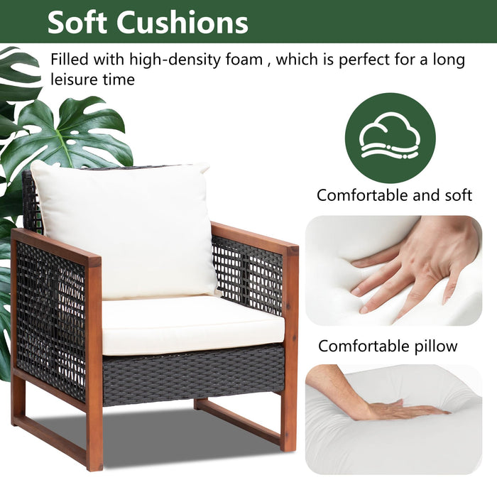 3 Pieces Patio Set Wicker Patio Furniture Acacia Wood Outdoor Patio Furniture Set Rattan Chair Conversation Sets Bistro Set with Coffee Table and Water Resistant Cushions(Khaki)