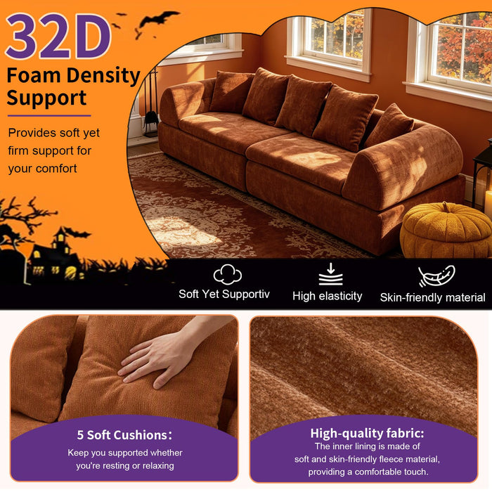 HUIVOME 104" Curved Boneless Couch, 5 Pillows, No Assembly Required, Orange