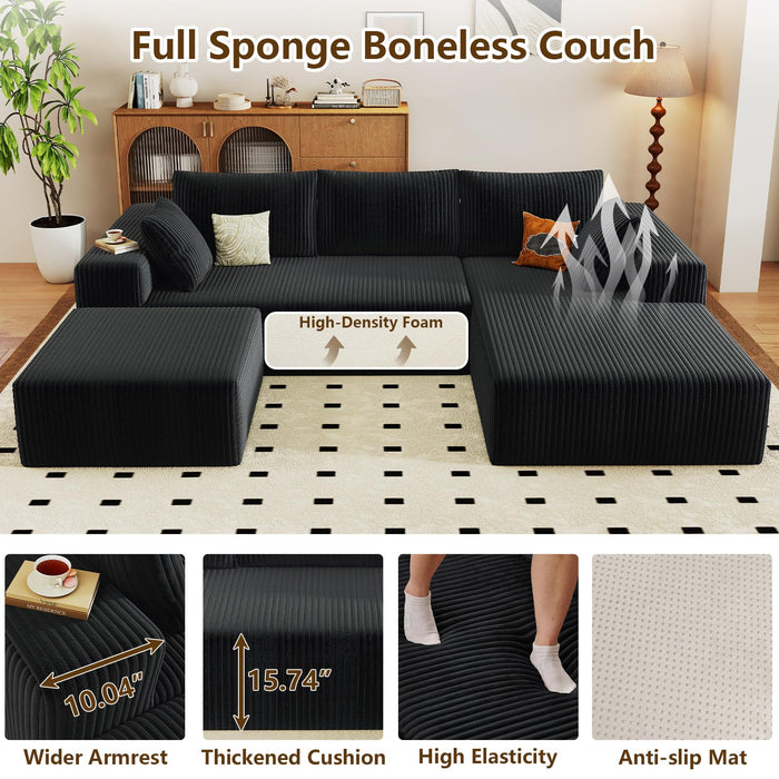 96" U-Shape Cloud Couch, Modern Modular Sectional L-Shape Sofa with Ottoman, Corduroy Upholstered Couches Deep Seat Sleeper Chaise Longue for Living Room, No Assembly Required(Black, Right Facing)