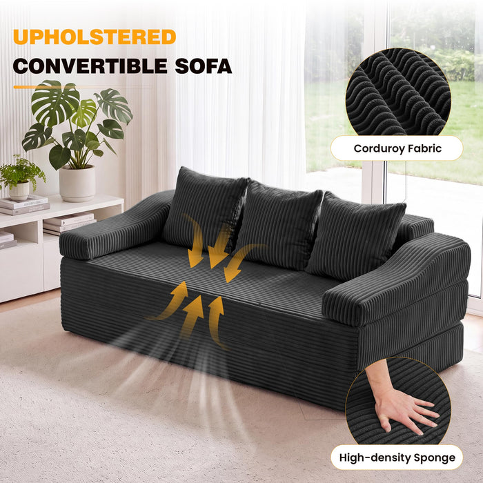 Fiona's magic 78.7" Convertible Futon Sofa Bed, Boneless Couch for Living Room 4-in-1 Corduroy Boneless Sleeper Sofa, Modular Sleeper Couch in a Box, Pull Out Couch No Assembly | Dark Gray