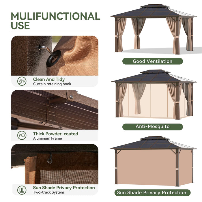 Aoxun 10'x12' Hardtop Gazebo, Aluminum Frame Permanent Pavilion with Curtains and Netting, Outdoor Polycarbonate Gazebo, Double Roof Canopy, for Gardens, Patios, Lawns