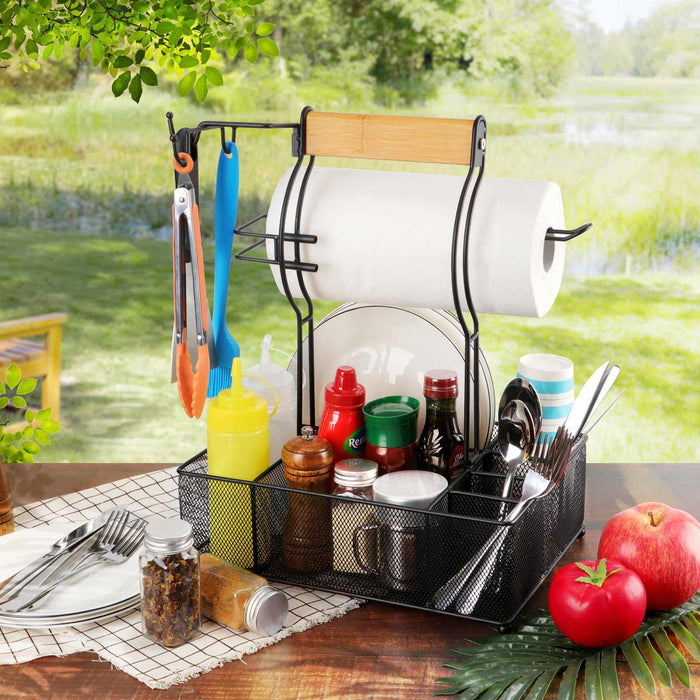 FANGSUN Grill Caddy, BBQ Caddy with Paper Towel Holder, Picnic Condiment Utensil Caddy for Outdoor Camping, Barbecue Accessories Storage Organizer for Griddle Grilling Tools, RV Patio Camper Must-Have