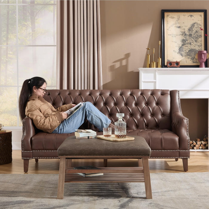 chairus Mid Century Modern 74.5" Faux Leather Sofa, 3 Seater Tufted Upholstered Couch with High Back & Nailhead Trim, Chesterfield Sofa for Living Room Bedroom Apartment Office, Brown PU