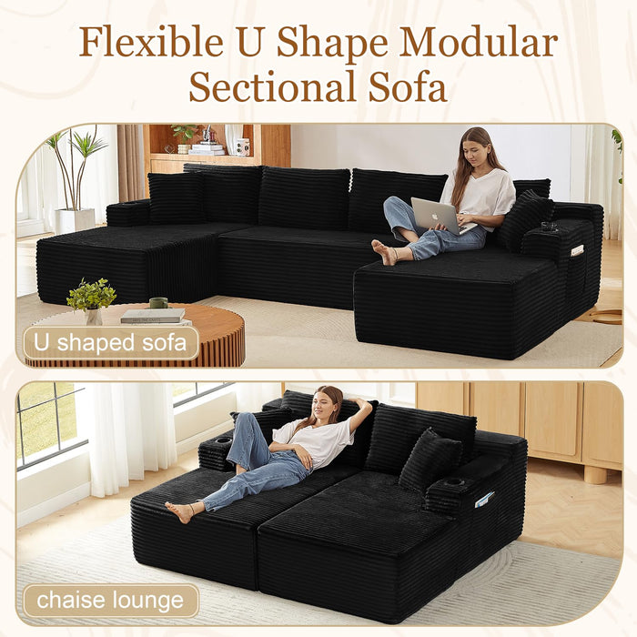 134 Inch Modular Sectional Sleeper Sofa, Boneless Cloud Couch for Living Room, U Shaped 5 Seat Sofa with 2 Storage Pockets& 2 Cup Holders, Free Combination, No Assembly Required (Black)